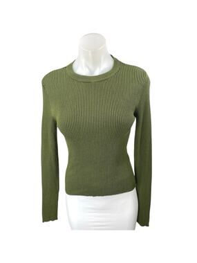 NA-KD Women's Green Rib Knit Long Sleeve Crew Neck Slim Fit Sweater Top Size S